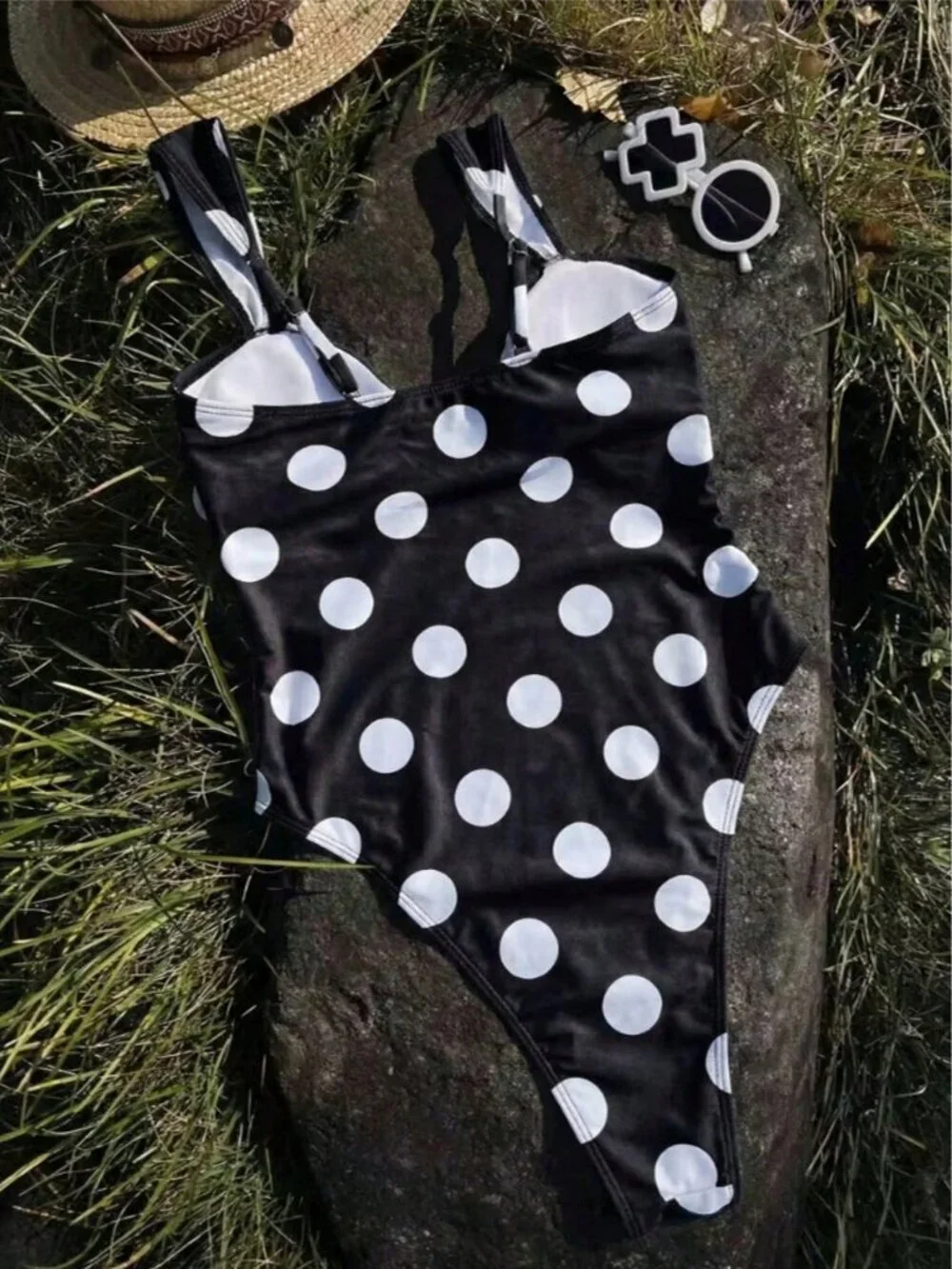 Multicolor Elegant Women's French Polka Dot One-Piece Swimsuit